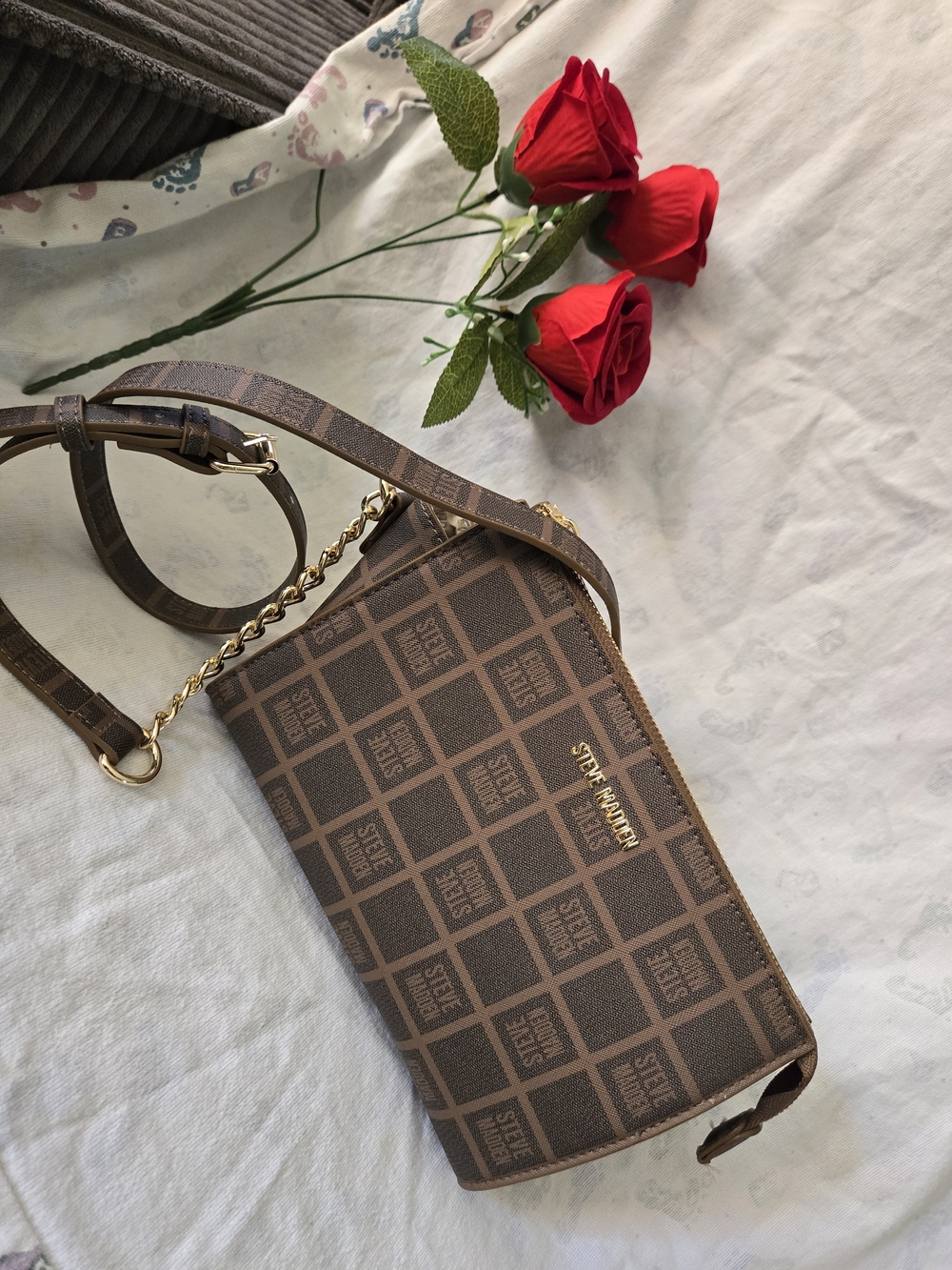 Steve Madden Brown Monogram Crossbody with Gold Chain Accent